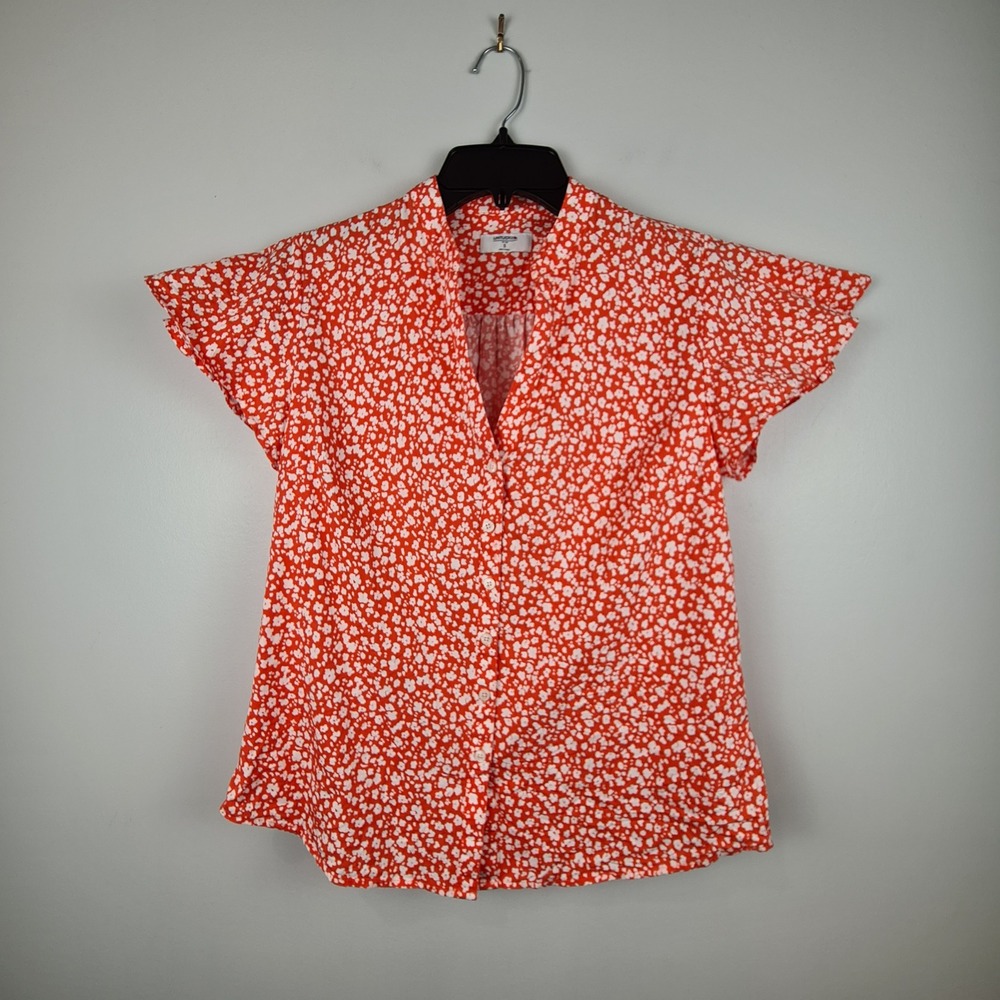UNTUCKit Stephanie Orange Floral Flutter‎ Sleeve Button Front Blouse Small Light